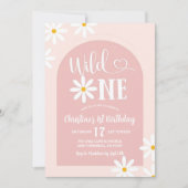 ピンクボホアーチデイジーワイルドワンファースト誕生日 招待状 (正面)