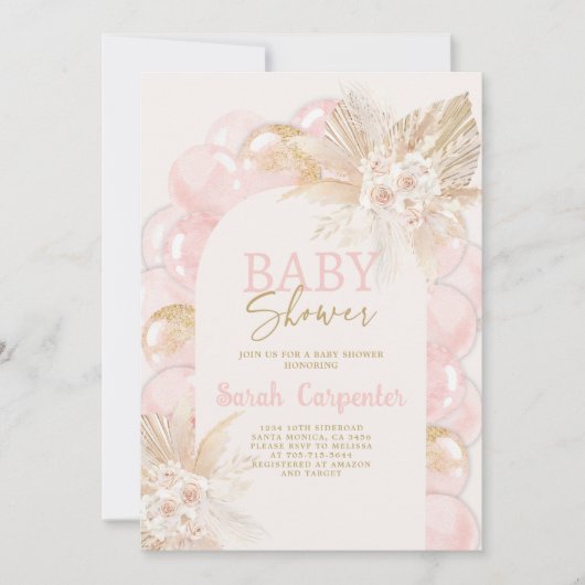 ピンクボホアーチベイビーシャワーガール招待状 招待状 (正面)
