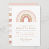 ピンクボホウォーターカラーレインボーガールバースデーパーティー 招待状 (正面/裏面)