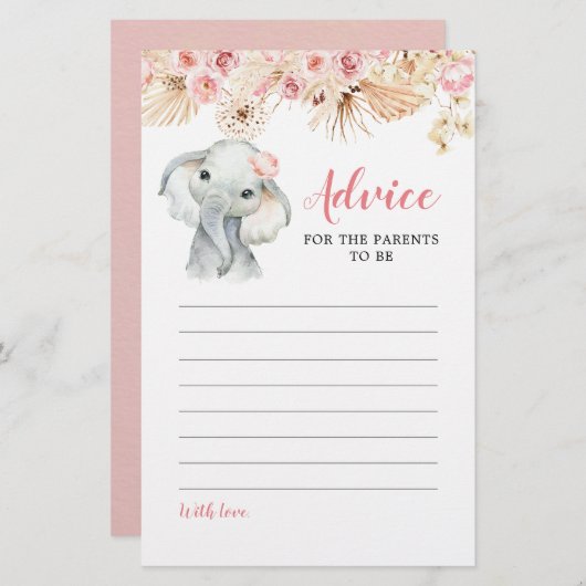 ピンクボホエレファントガールベビーシャワーアドバイスカード (正面/裏面)
