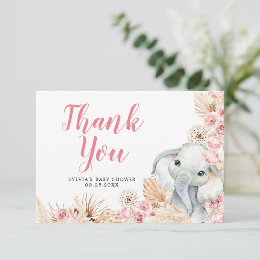 ピンクボホエレファントガールベビーシャワーサンキューカード サンキューカード (スタンド正面)