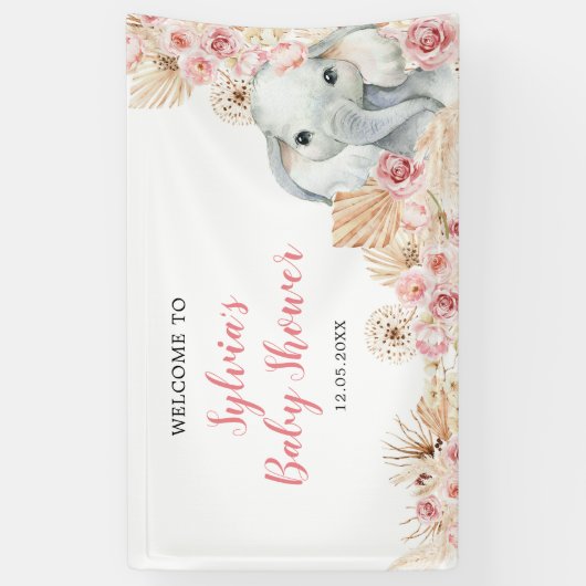 ピンクボホエレファントガールベビーシャワー大きなバナー 横断幕 (縦)