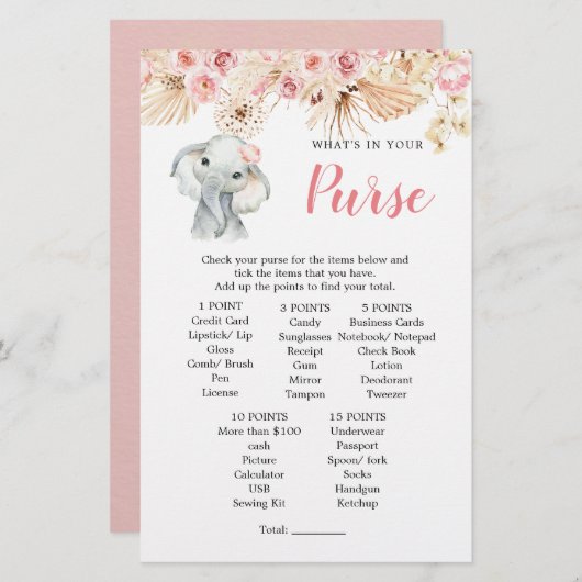 ピンクボホエレファントガールベビーシャワー財布ゲーム (正面/裏面)