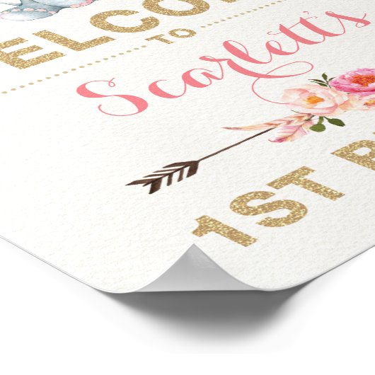 ピンクボホエレファントファースト誕生日ウェルカムサイン ポスター (角)