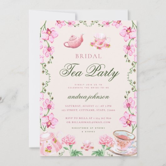 ピンクボホガーデンフローラティーパーティーブライダルシャワー 招待状 (正面)
