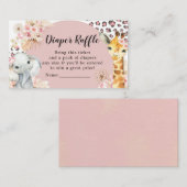 ピンクボホサファリパーティー動物ガールおむつラッフル エンクロージャーカード (正面/裏面)