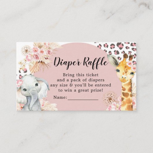 ピンクボホサファリパーティー動物ガールおむつラッフル エンクロージャーカード (正面)