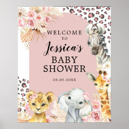 ピンクボホサファリパーティー動物ガールウェルカムサイン ポスター