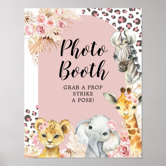 ピンクボホサファリパーティー動物ガールフォトブース ポスター (正面)