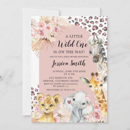 ピンクボホサファリパーティー動物ガールベビーシャワー 招待状 (正面)