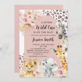 ピンクボホサファリパーティー動物ガールベビーシャワー 招待状 (正面/裏面)