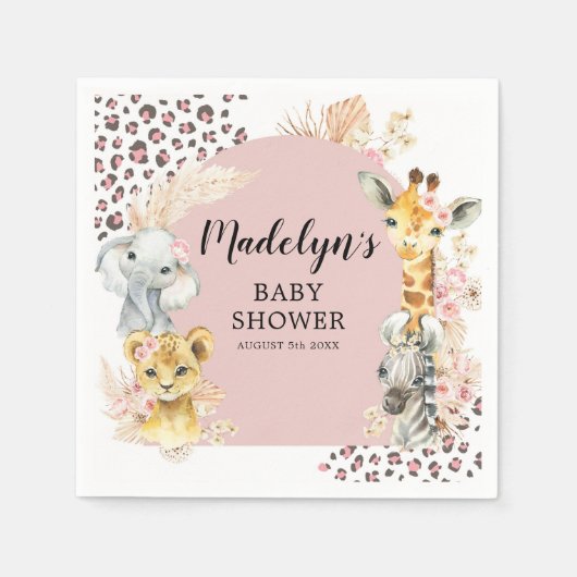 ピンクボホサファリパーティー動物ガールペーパーナプキン スタンダードカクテルナプキン (正面)