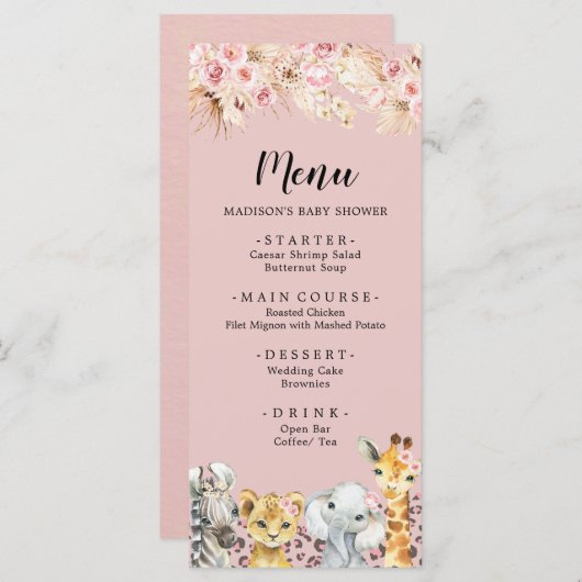 ピンクボホサファリパーティー動物ベビーシャワーメニュー メニュー (正面/裏面)