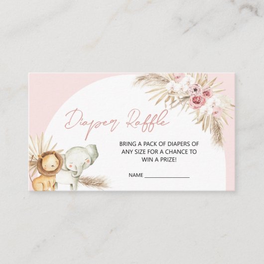 ピンクボホサファリ動物ベビーシャワーおむつラッフル エンクロージャーカード (正面)