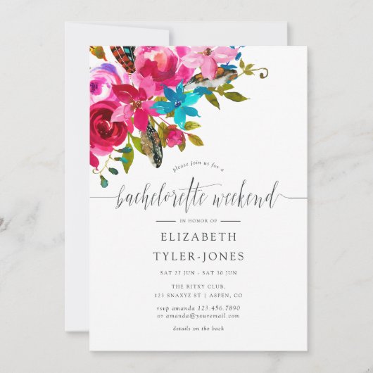 ピンクボホシックフローラバチェロレッテウィークエンドアジェンダ 招待状 (正面)