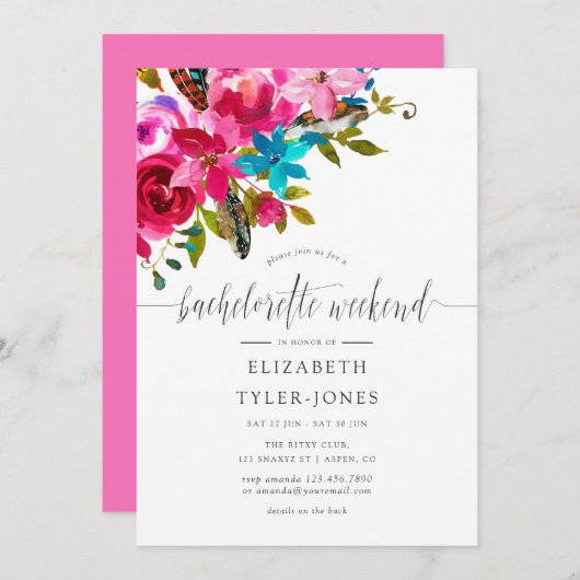 ピンクボホシックフローラバチェロレッテウィークエンドアジェンダ 招待状 (正面/裏面)
