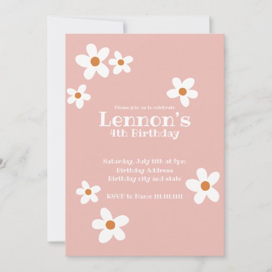 ピンクボホデイジーガールバースデーパーティー 招待状 (正面)