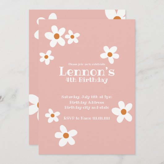 ピンクボホデイジーガールバースデーパーティー 招待状 (正面/裏面)