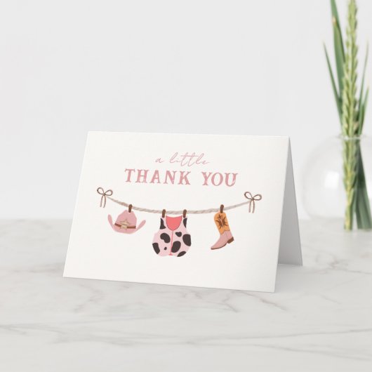 ピンクボホデザート女性のカーボーイ物干し系ベビーシャワー サンキューカード (正面)