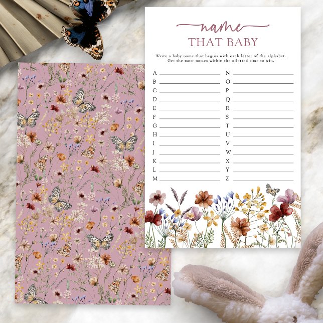 ピンクボホネームザーズベビーゲーム (Dusty Pink Boho Floral Name That Baby Game Card with Butterfly by Painted Paperie
)