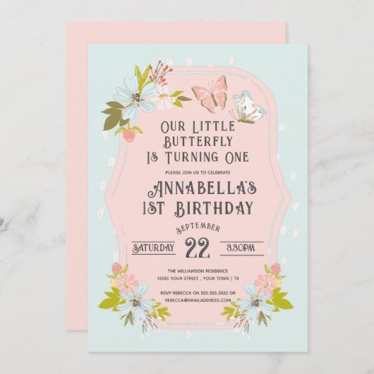 ピンクボホバタフライ1st誕生日パーティー 招待状 (正面/裏面)