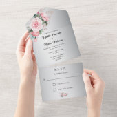 ピンクボホバラとメタリック結婚シルバー オールインワン招待状 (貼ってはがせる)