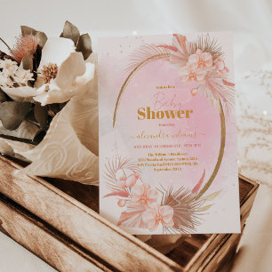 ピンクボホパンパスグラスガールベビーシャワー 招待状