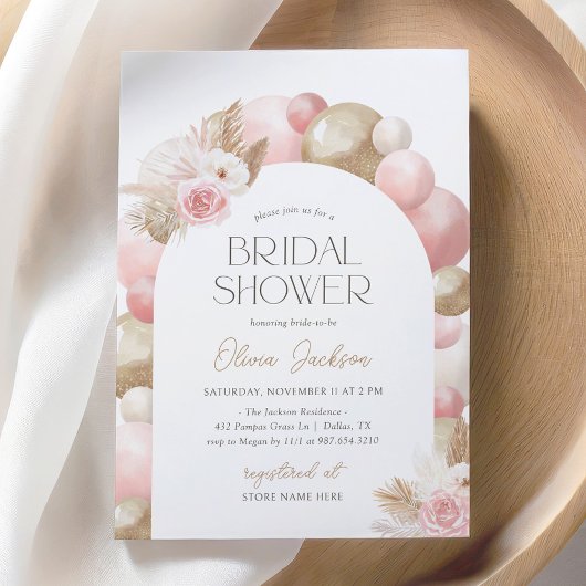 ピンクボホパンパスグラスバルーンアーチブライダルシャワー 招待状
