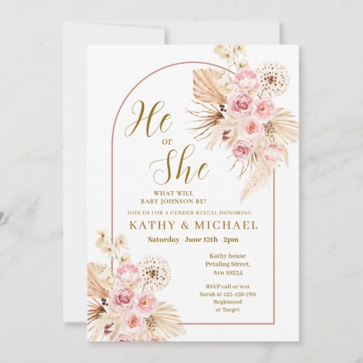 ピンクボホパンパ彼または彼女のジェンダーが明かす 招待状 (正面)