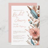 ピンクボホフラワー&フェザーエレガントブライダルシャワー 招待状 (正面/裏面)