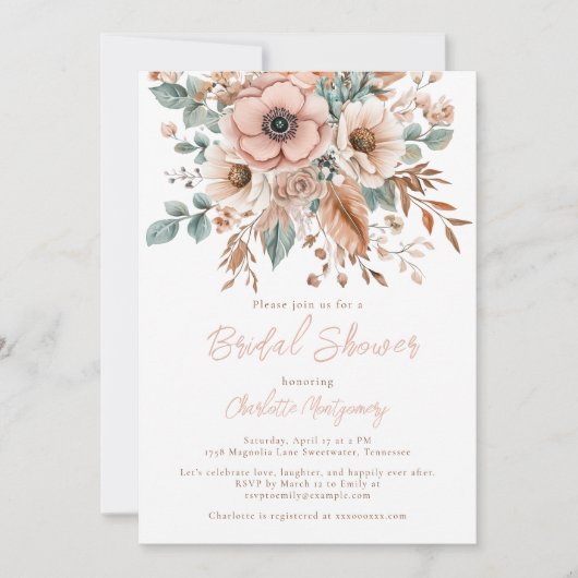 ピンクボホフラワー&フェザーエレガントブライダルシャワー 招待状 (正面)
