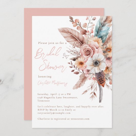 ピンクボホフラワー&フェザーエレガントブライダルシャワー 招待状 (正面/裏面)