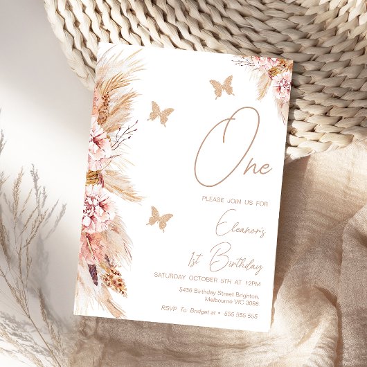 ピンクボホフローラと蝶の第1の誕生日 招待状