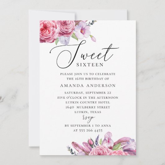 ピンクボホフローラスイーツ16.ガーデン16歳の誕生日 招待状 (正面)