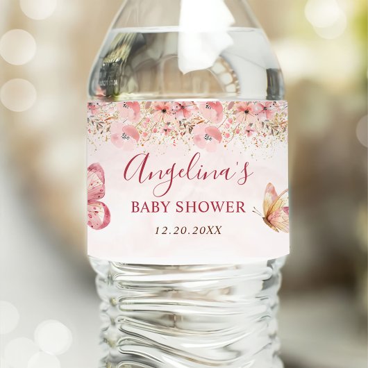 ピンクボホフローラバタフライベビーシャワー ペットボトルラベル
