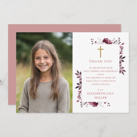 ピンクボホフローラ写真第1聖餐式 サンキューカード (正面/裏面)