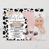 ピンクボホフローラ写真聖牛一歳 招待状 (正面/裏面)