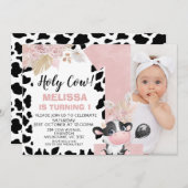 ピンクボホフローラ写真1聖牛1歳の誕生日 招待状 (正面/裏面)