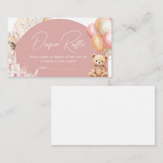 ピンクボホベアバルーンベビーシャワーおむつラッフル エンクロージャーカード (正面/裏面)