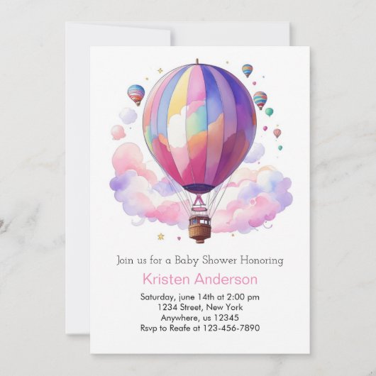 ピンクボホホットエアバルーンガールベビーシャワー 招待状 (正面)