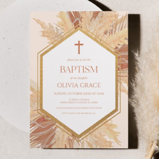 ピンクボホボヘミアンフローラフラワーフレームバプテスマ 招待状