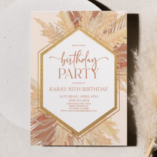 ピンクボホボヘミアンフローラ花誕生日パーティー 招待状