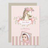ピンクボホポニー写真赤ちゃん女の子1歳の誕生日 招待状 (正面/裏面)