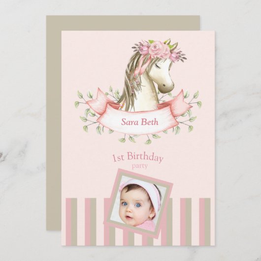 ピンクボホポニー写真赤ちゃん女の子1歳の誕生日 招待状 (正面/裏面)