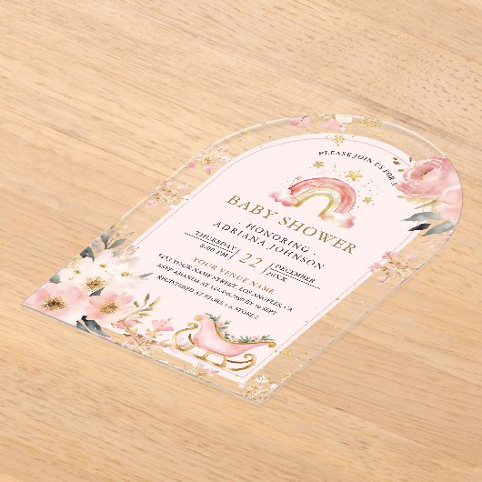 ピンクボホレインボーウィンターアーチベイビーシャワー アクリル招待状 (レイダウン)