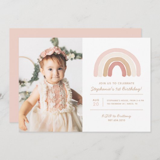 ピンクボホレインボーガールバースデーパーティー写真 招待状 (正面/裏面)
