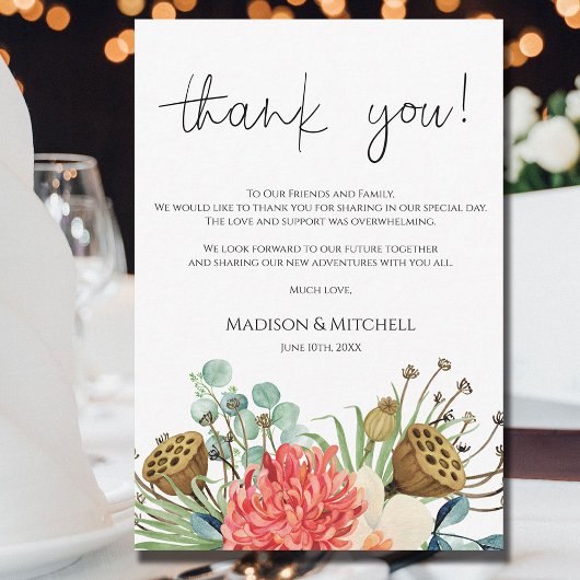 ピンクボホワイルドフラワーウォーターカラーブーケ結婚ーズ サンキューカード