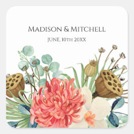 ピンクボホワイルドフラワーウォーターカラーブーケ結婚ーズ スクエアシール