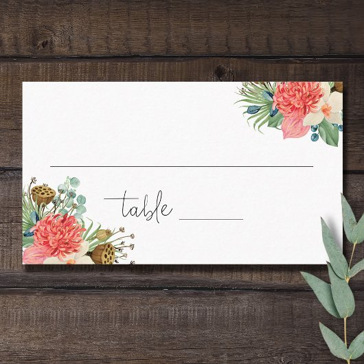 ピンクボホワイルドフラワーウォーターカラーブーケ結婚ーズ プレイスカード