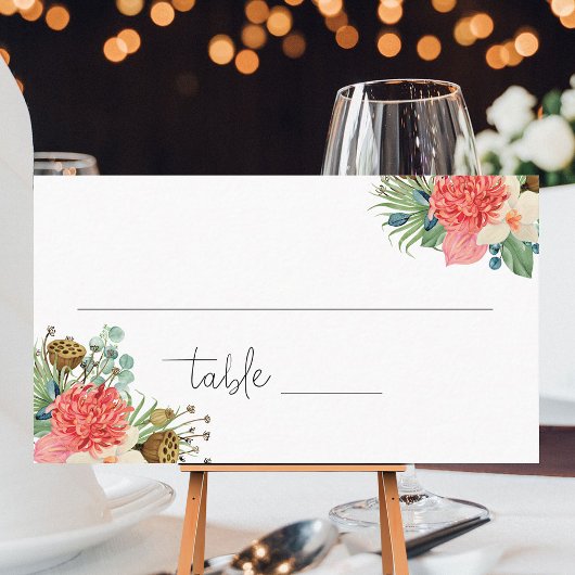 ピンクボホワイルドフラワーウォーターカラーブーケ結婚ーズ プレイスカード